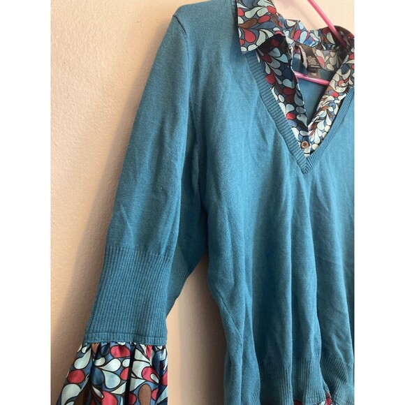 Bisou Bisou Women’s Fall Sweater Multicolor V-Neck Collared Layered Size Large - Picture 7 of 16